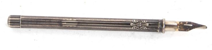 S Morden & Co Victorian sliding silver propelling pencil and dip pen having a ribbed barrel, screw