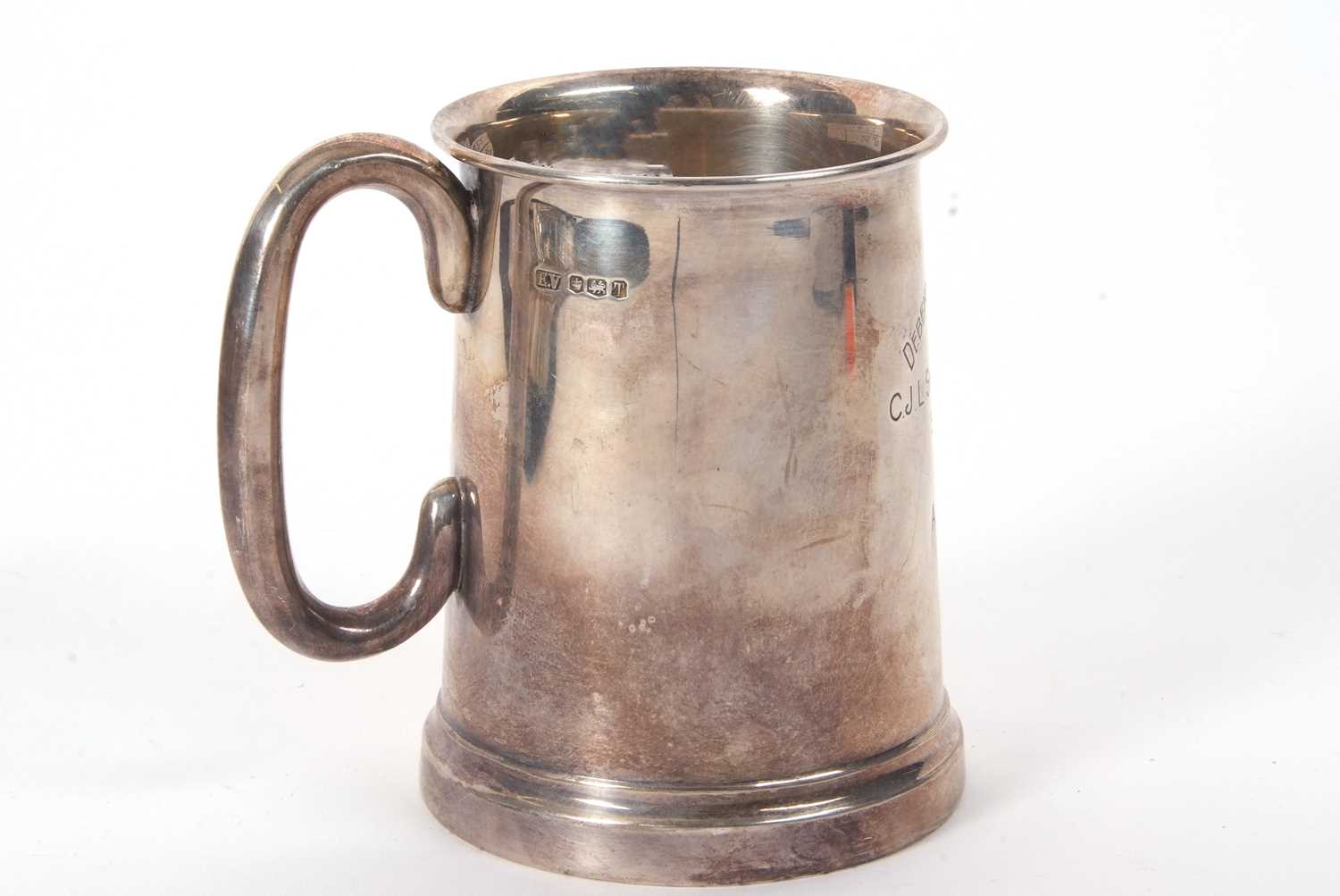 A hallmarked silver pint tankard of slight tapering form having a letter C scroll handle, engraved - Image 2 of 6