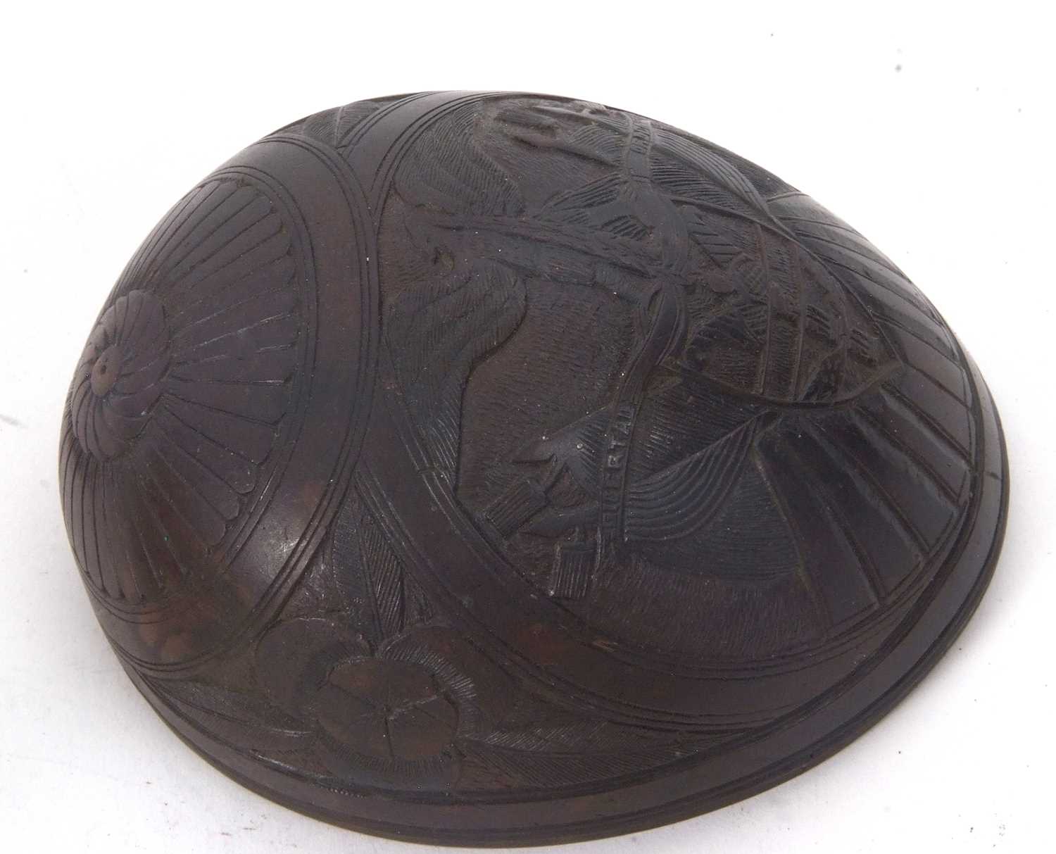 Two parts of a coconut shell, one antique with elaborate carved detail, the other later in date - Image 5 of 5