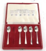 A cased set of five (of six) silver rat tail design British hallmarks teaspoons representing all the
