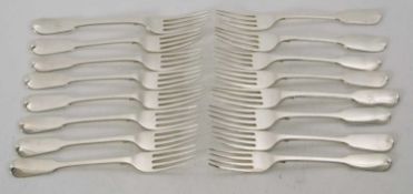Fifteen Victorian fiddle pattern dessert forks, some engraved with initials, various dates and