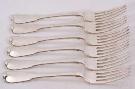 A set of six George III silver fiddle pattern table forks, London 1813, makers mark William Ely I