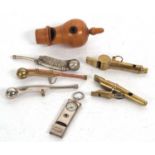A group of seven various vintage whistles, to include three Bosuns whistles, Acmes Girl Guides