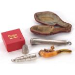 Mixed Lot: A hallmarked silver silver cheroot case, marks rubbed, a small Edwardian cheroot case,