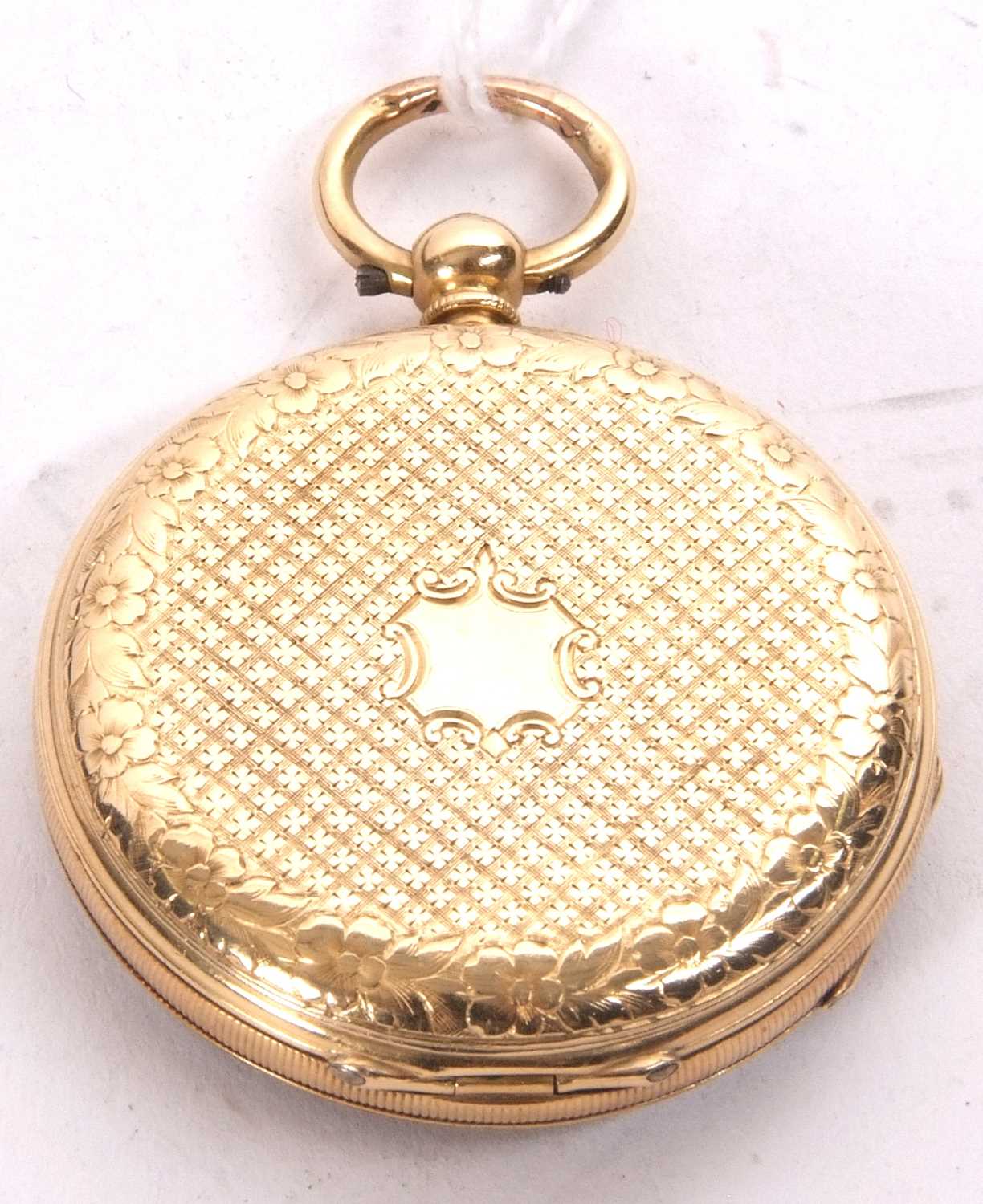A yellow metal open face pocket watch stamped inside the case back D+D18k, the movement cover is - Image 2 of 2