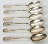 A set of six George III Old English pattern silver dessert spoons, initialled, London 1801, makers