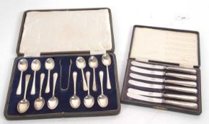 Mixed Lot: A cased part set of George V teaspoons and tongs in Hanoverian pattern, eleven