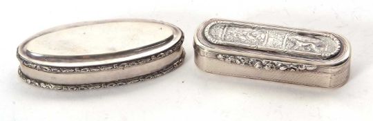 Mixed Lot: A George IV silver snuff box of elongated oval design, with engine turned decoration to