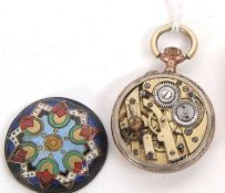 A fob pocket watch with a white enamel dial and Arabic numeral hour markers, it has a manually crown
