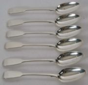Set of six Victorian fiddle pattern dessert spoons, London 1874, makers mark for Chawner & Co,