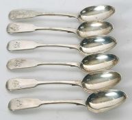 A set of six Victorian fiddle pattern teaspoons, initialled, hallmarked London 1846, makers mark for
