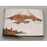 A Japanese sterling cigarette case of rectangular form having a mixed metal front depicting Mount