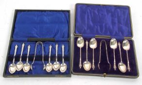 Mixed Lot: Cased set of six silver apostle teaspoons and tongs with twist stems and hallmarked for