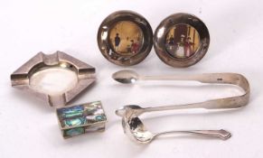Mixed Lot: A George V silver square shaped ashtray, initialled, hallmarked Birmingham 1930, a pair
