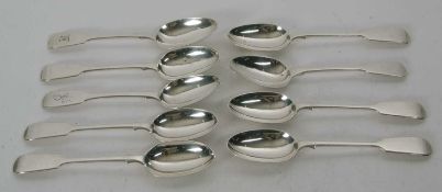 A group of five silver fiddle pattern dessert spoons, London 1971 together with two Victorian and