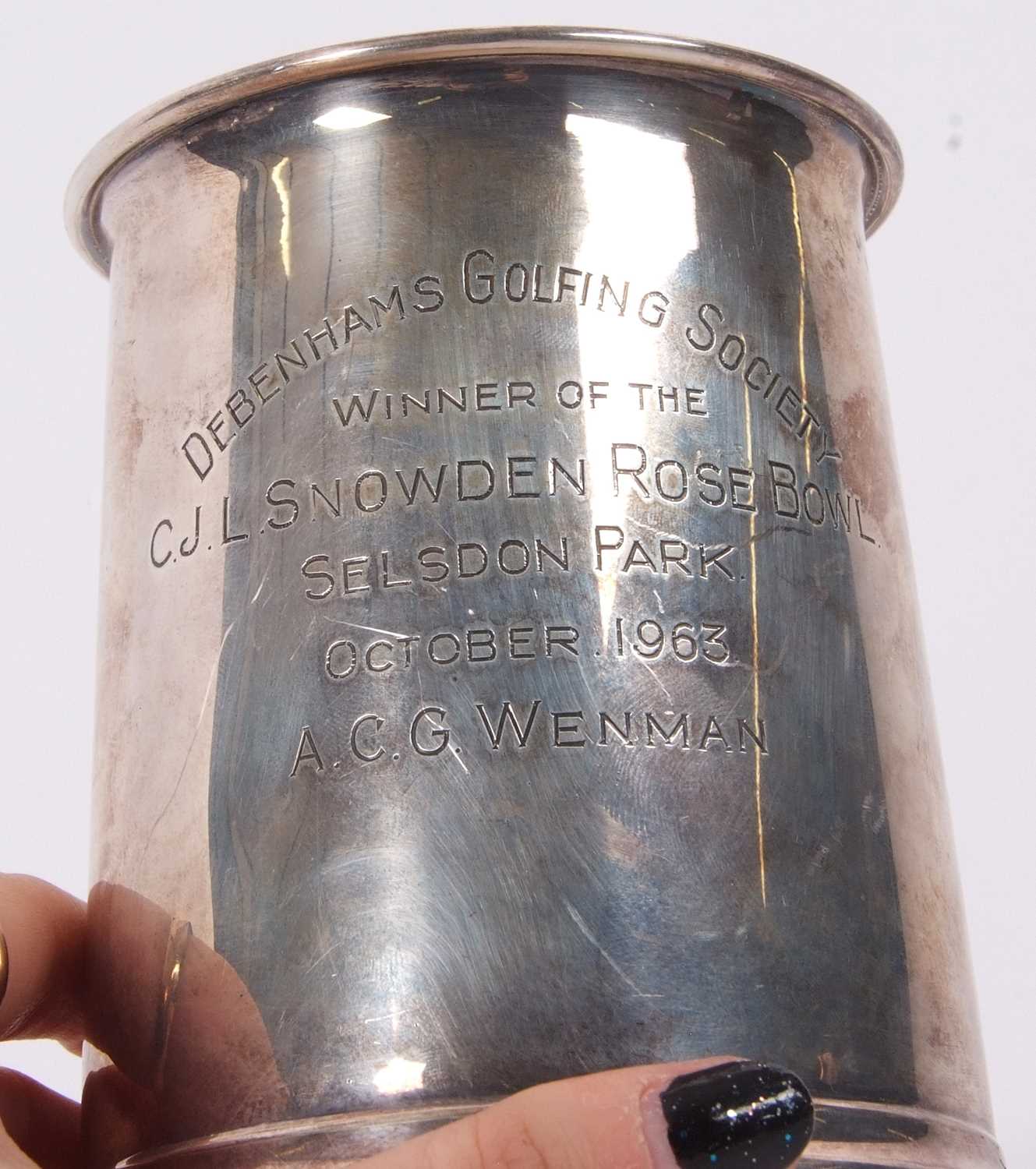 A hallmarked silver pint tankard of slight tapering form having a letter C scroll handle, engraved - Image 5 of 6