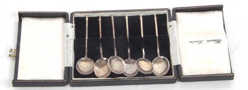 Cased set of six silver coffee spoons, Birmingham 1957, makers mark for Turner & Simpson Ltd, g/w