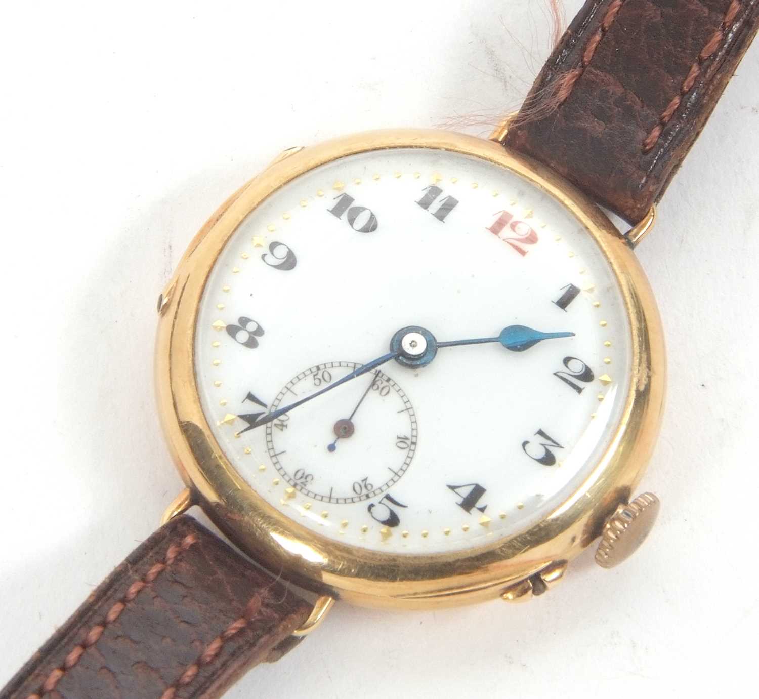 An 18ct gold wristwatch hallmarked inside the back of the case, it has a manually crown wound