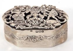 Victorian silver box of oval shaped form, the hinged lid depicting a couple within a floral and