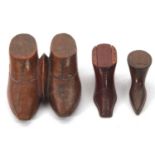 Mixed Lot: Two vintage treen boot shaped snuff boxes together with a double treen shoe