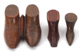 Mixed Lot: Two vintage treen boot shaped snuff boxes together with a double treen shoe