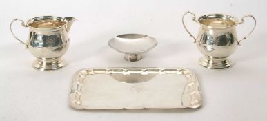 Mixed Lot: Sterling stamped small tray, twin handled sugar bowl and cream jug, engraved with