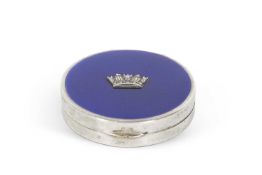 A George V silver and enamel pill box of circular form, the hinged lid with blue guilloche enamel