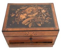 A Victorian fitted walnut vanity box having pull out tray with single drawer below, the lid inlaid
