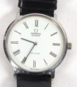 An Omega Deville quartz wristwatch, the watch has a white dial with contrasting black Roman