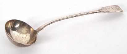 A William IV silver fiddle pattern ladle having a large oval shaped bowl, the handled engraved