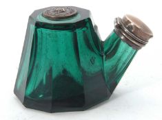 An unusual antique Samson Mordan & Co green glass ink well in the form of a tea kettle, the