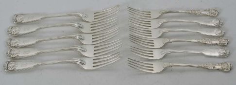 Mixed Lot: Five Victorian fiddle thread and shell pattern dessert forks, engraved with initials,
