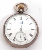 A silver open face pocket watch, hallmarked inside the case back, it has a manually crown wound