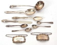 Mixed lot, Two hallmarked silver spirit labels, a George lll sauce ladle London 1799, Thomas
