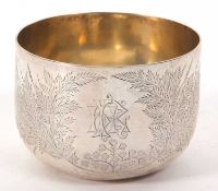 A Victorian silver bowl with leaf engraved around initials, with gilt interior, 10cm diameter,