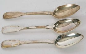 Three George IV silver fiddle pattern dessert spoons, London 1824, makers mark rubbed, 142gms