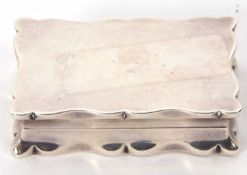 George Vl silver snuff box, of oval plain form having shaped curved edges, full length hinged lid