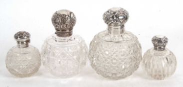 Mixed Lot: Two large hobnail cut scent bottles, one with silver screw on lid, the other a hinged