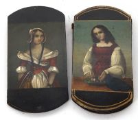 Two early Victorian papier mache spectacle cases painted with three quarter length portraits of