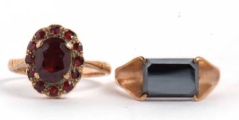 Two 9ct gemset rings, the first an oval garnet cluster ring, size M, 2.9g, together with a