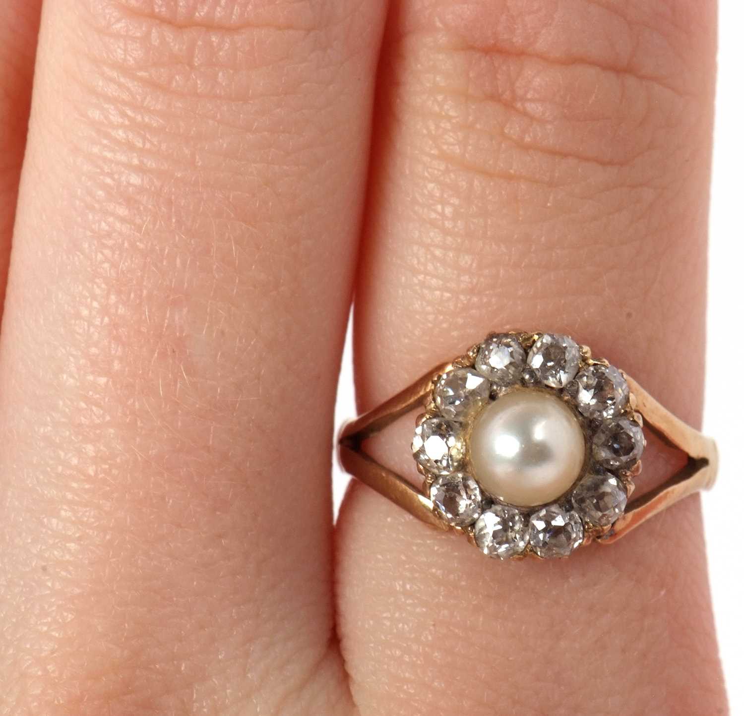 An 18ct cultured pearl and diamond ring, the round cultured pearl surrounded by old mine cut - Image 8 of 8
