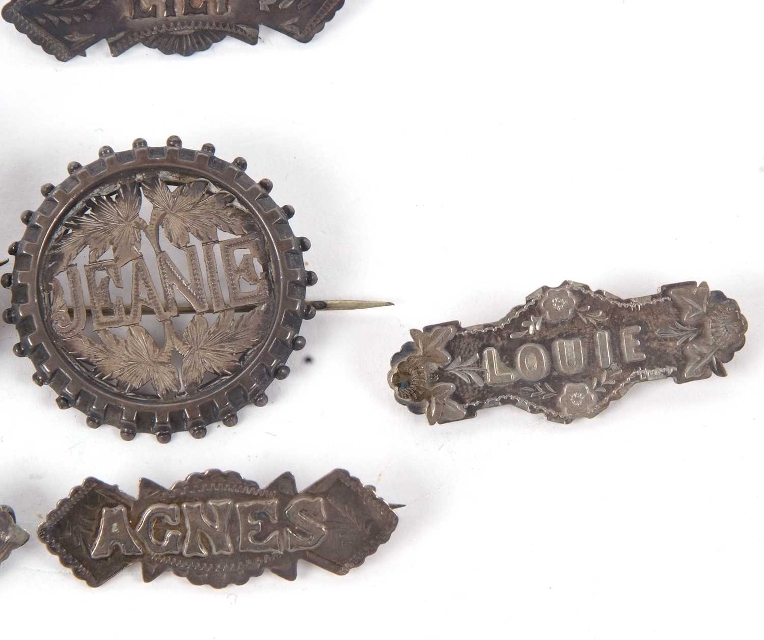 Eight early 20th century silver and white metal name brooches, to include Jeanie, Maude, Louie, - Image 6 of 6