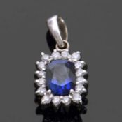 A sapphire and diamond pendant, rectangular shape, the mid-blue faceted sapphire 7.57 x 5.65 x 3.