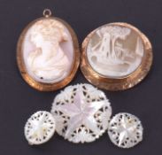 Two cameos and a mother of pearl brooch and earrings, the oval pale pink shell cameo in unmarked