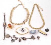 A quantity of assorted jewellery to include an amber and gilt metal spider brooch, 32mm long, an