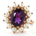 A 9ct amethyst and split pearl ring, the oval amethyst surrounded by split pearls, overall 16.8mm
