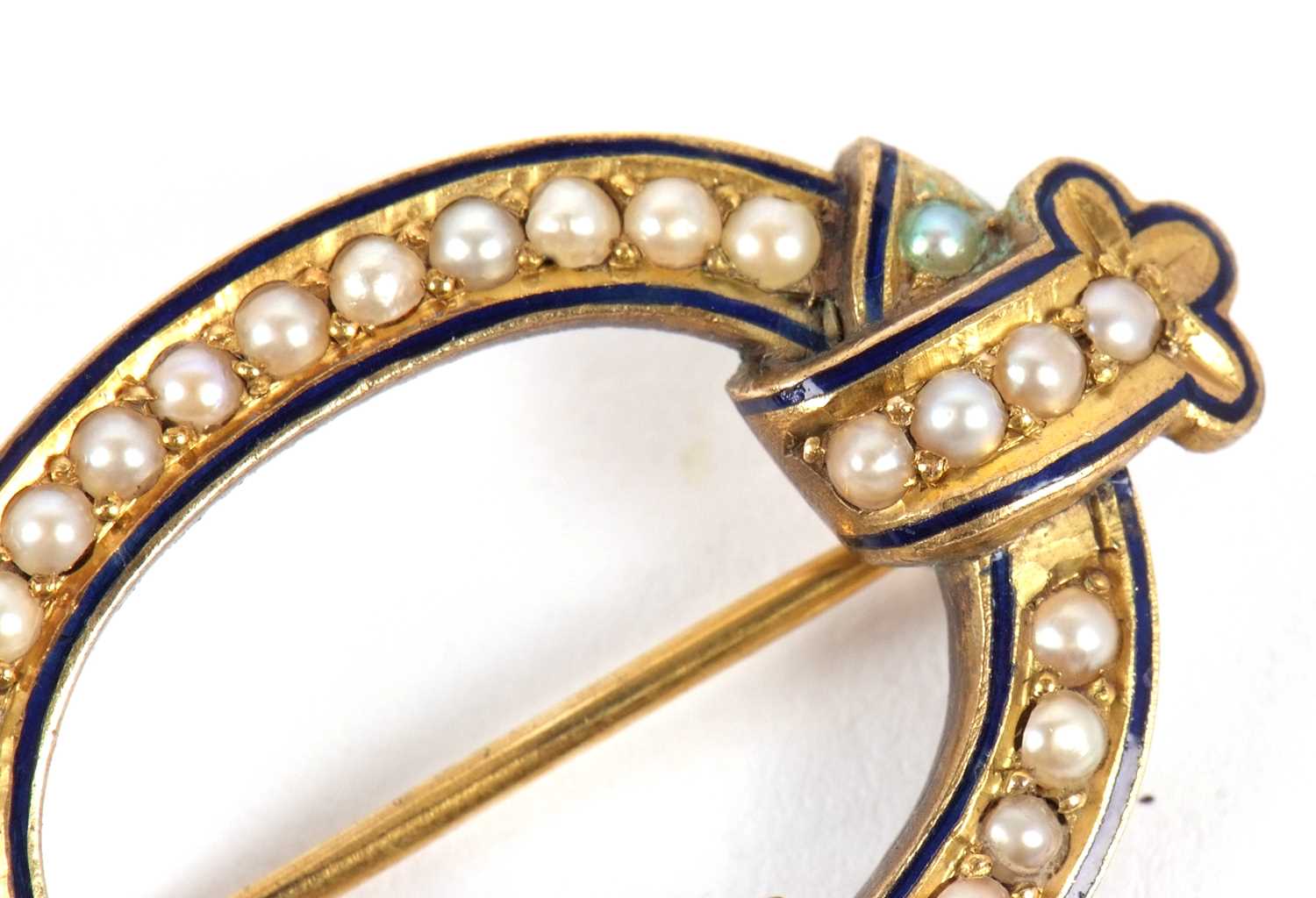 A 19th century split pearl, blue enamel and rose cut diamond brooch, the open oval set with a ring - Image 5 of 5