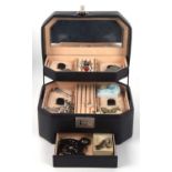 A modern Windrose black jewellery box and contents to include a coral rosary, French jet two