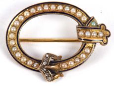 A 19th century split pearl, blue enamel and rose cut diamond brooch, the open oval set with a ring