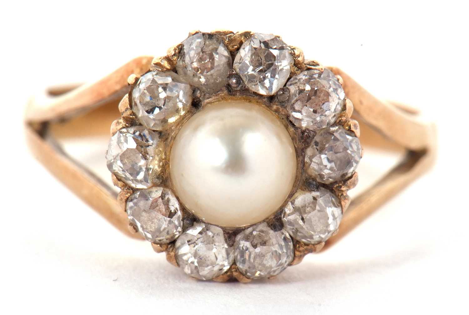 An 18ct cultured pearl and diamond ring, the round cultured pearl surrounded by old mine cut - Image 2 of 8